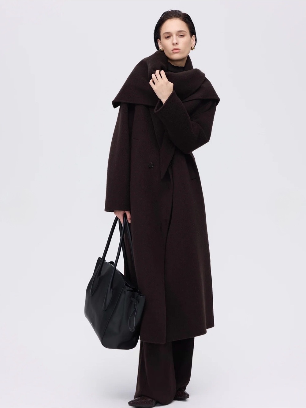 Hemi Blurr New Structured Wool With Wool Scarf Coat • Deep Cocoa / One size